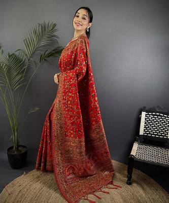 Women red  meenakari weaving pashmina silk blend saree 2