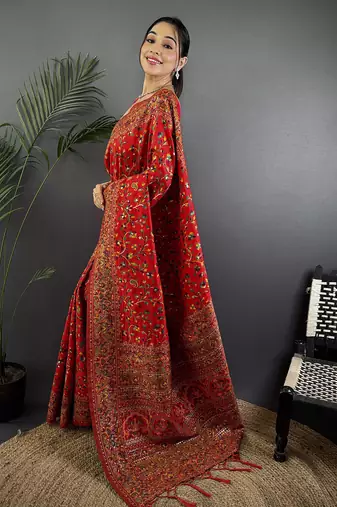 Women red   meenakari weaving pashmina silk saree