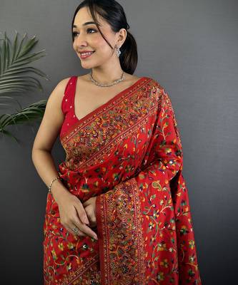 Women red  meenakari weaving pashmina silk blend saree 3