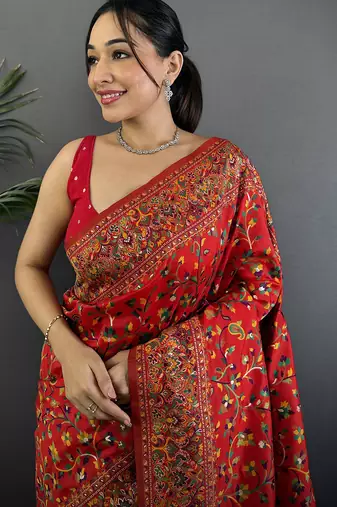 Women red   meenakari weaving pashmina silk saree