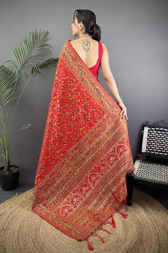 Women red   meenakari weaving pashmina silk saree