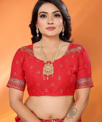 Women red  meenakari weaving pashmina silk blend saree 5