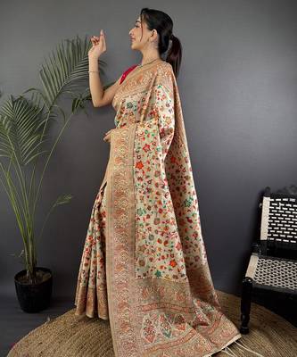 Women cream meenakari weaving pashmina silk blend saree 2