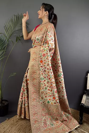 Women cream meenakari weaving pashmina silk saree