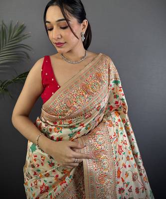 Women cream meenakari weaving pashmina silk blend saree 3