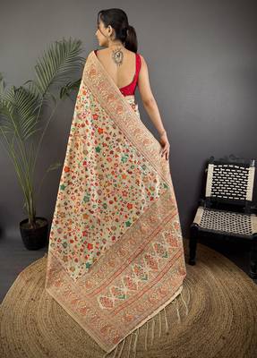 Women cream meenakari weaving pashmina silk blend saree 4