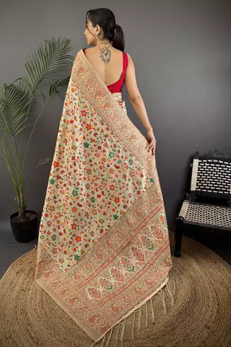 Women cream meenakari weaving pashmina silk saree