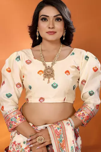 Women cream meenakari weaving pashmina silk saree