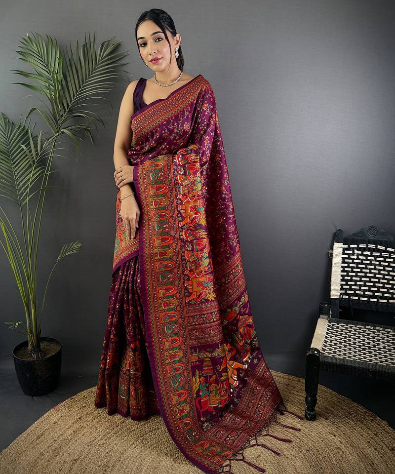 Women wine meenakari weaving pashmina silk saree