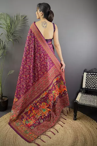 Women wine meenakari weaving pashmina silk saree