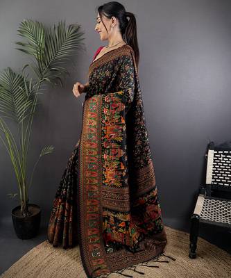 Women black meenakari weaving pashmina silk blend saree 2