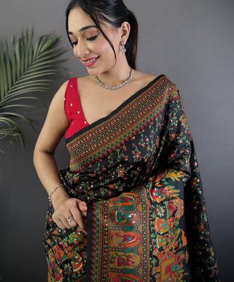 Women black meenakari weaving pashmina silk blend saree 3