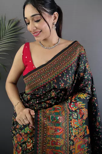Women black meenakari weaving pashmina silk saree