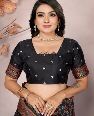 Women black meenakari weaving pashmina silk blend saree 5