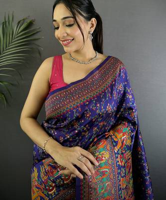 Women purple meenakari weaving pashmina silk blend saree 3