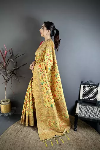 Women golden yellow meenakari weaving pashmina silk saree