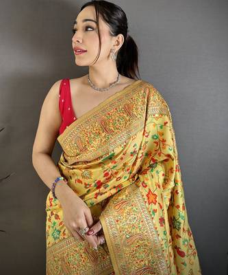 Women golden yellow meenakari weaving pashmina silk blend saree 3