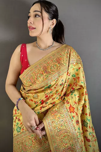 Women golden yellow meenakari weaving pashmina silk saree