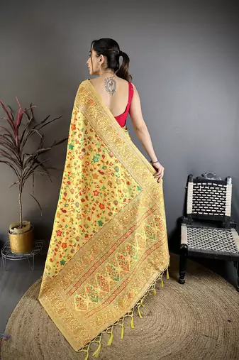 Women golden yellow meenakari weaving pashmina silk saree