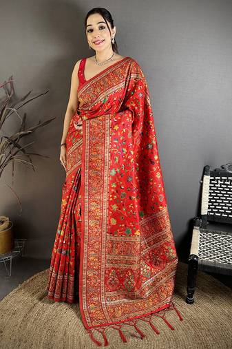 Women red meenakari weaving pashmina silk saree