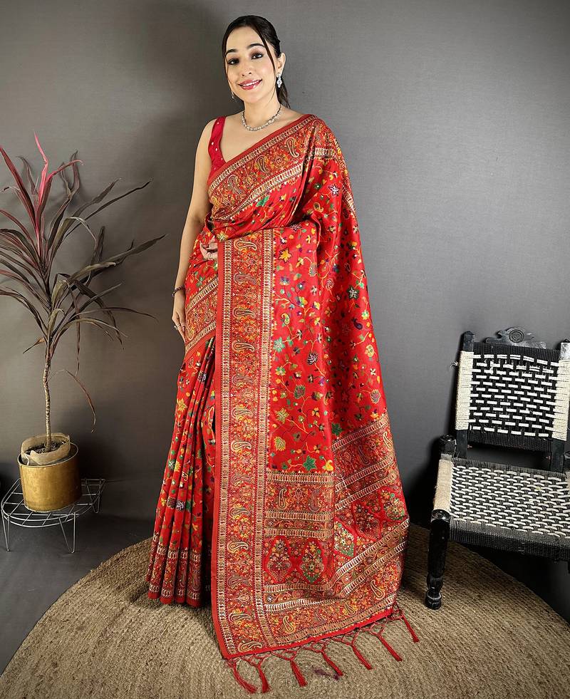Women red meenakari weaving pashmina silk saree