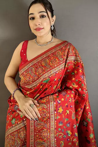 Women red meenakari weaving pashmina silk saree
