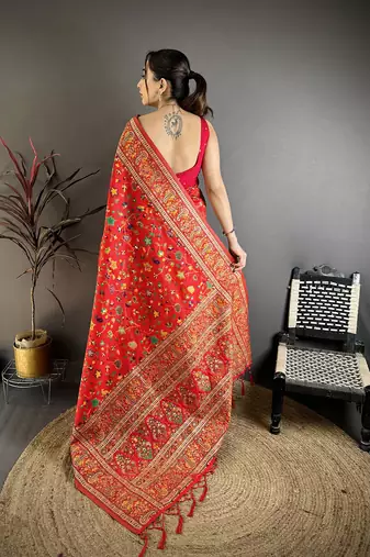 Women red meenakari weaving pashmina silk saree