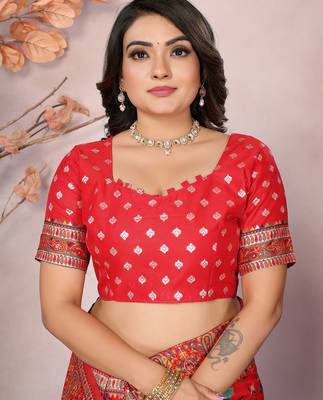 Women red meenakari weaving pashmina silk blend saree 5