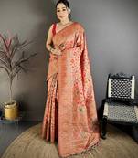 Women peach meenakari weaving pashmina silk saree