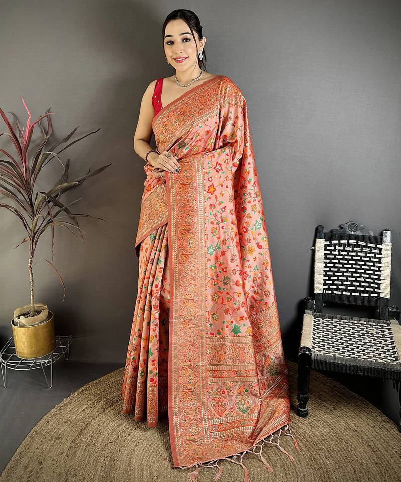 Women peach meenakari weaving pashmina silk saree