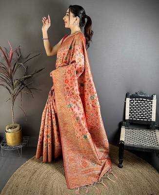 Women peach meenakari weaving pashmina silk blend saree 2