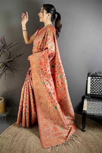 Women peach meenakari weaving pashmina silk saree