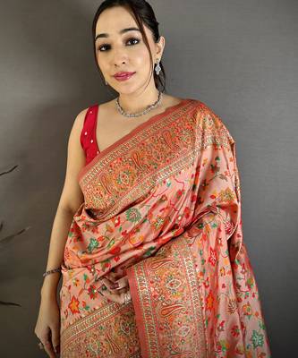 Women peach meenakari weaving pashmina silk blend saree 3