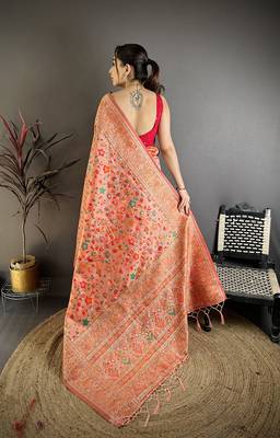 Women peach meenakari weaving pashmina silk blend saree 4