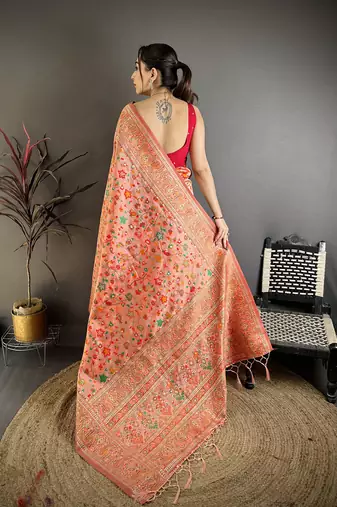 Women peach meenakari weaving pashmina silk saree