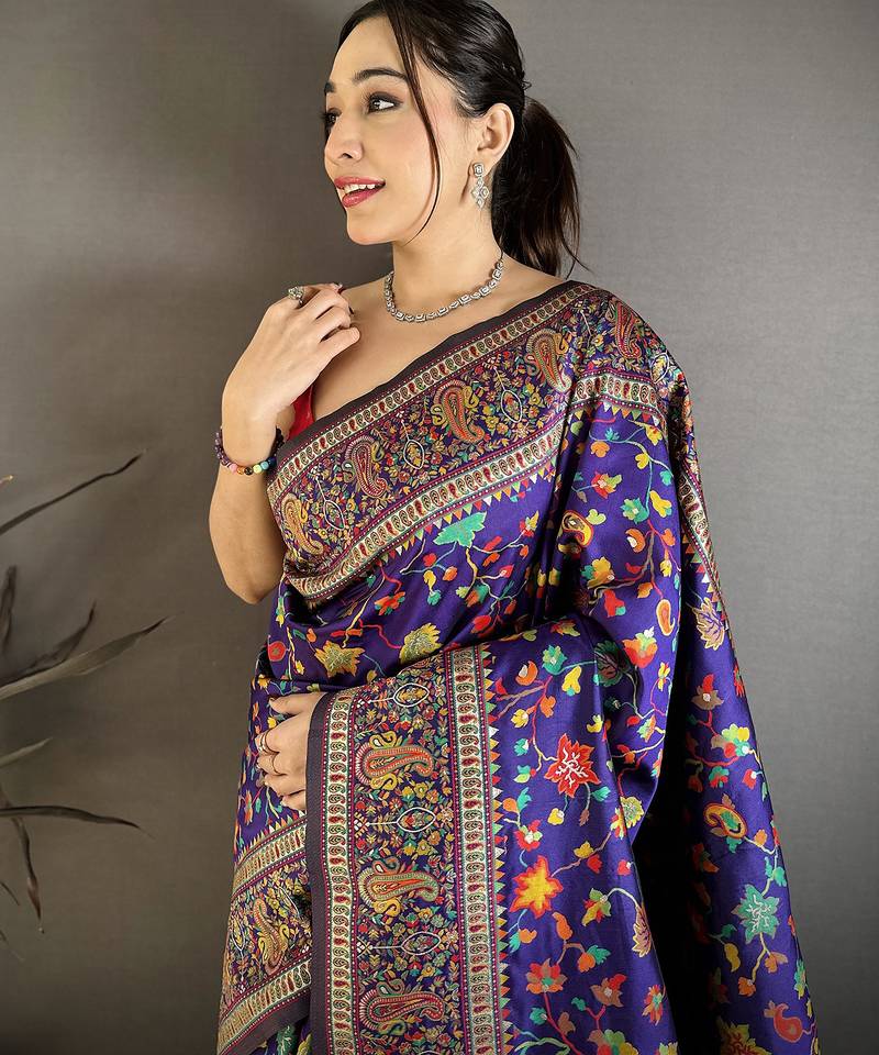 Women purple meenakari weaving pashmina silk saree