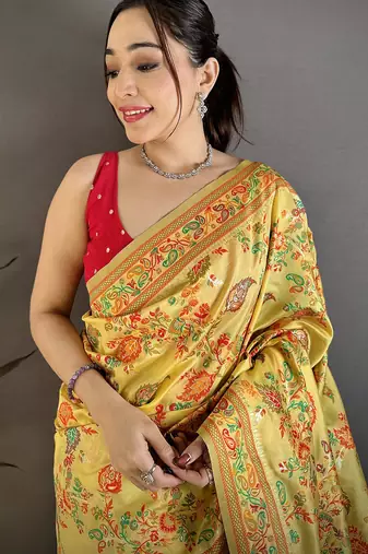 Women yellow  floral & leaf elements pashmina silk saree