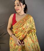 Women yellow  floral & leaf elements pashmina silk saree