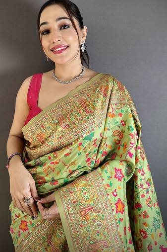 Women pastel green meenakari weaving pashmina silk saree