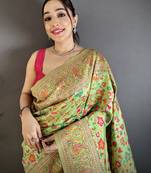 Women pastel green meenakari weaving pashmina silk saree