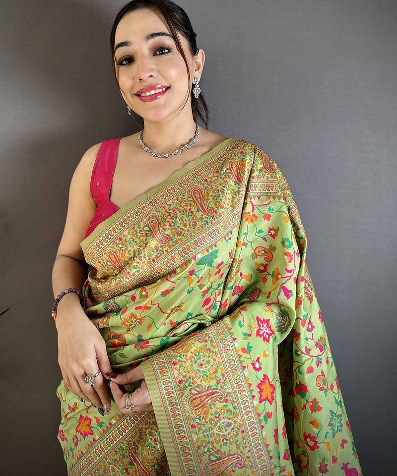 Women pastel green meenakari weaving pashmina silk saree