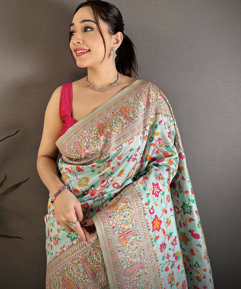 Women light blue meenakari weaving pashmina silk saree