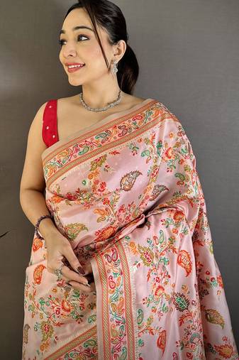 Women pretty pink meenakari weaving pashmina silk saree