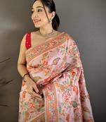 Women pretty pink meenakari weaving pashmina silk saree