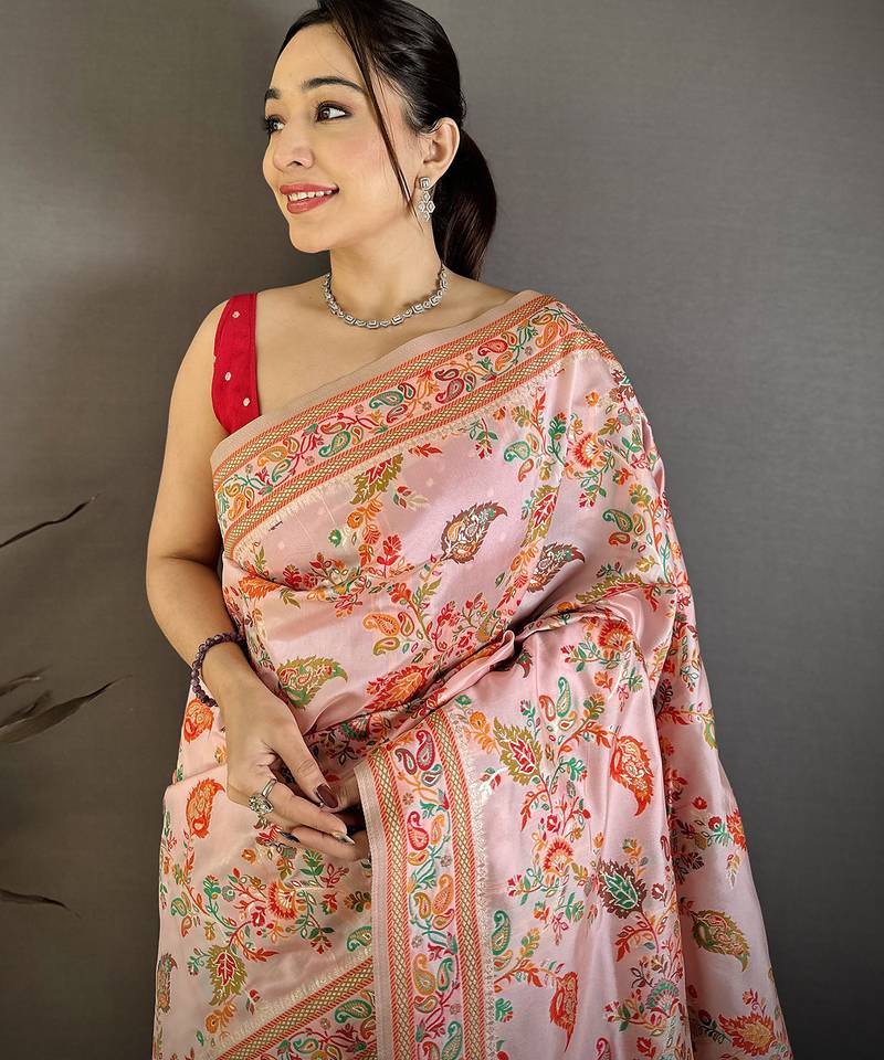 Women pretty pink meenakari weaving pashmina silk saree