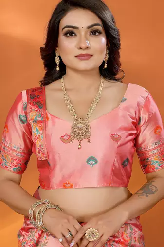 Women pretty pink meenakari weaving pashmina silk saree
