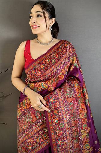 Women burgundy meenakari weaving pashmina silk saree