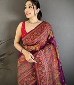 Women burgundy meenakari weaving pashmina silk saree
