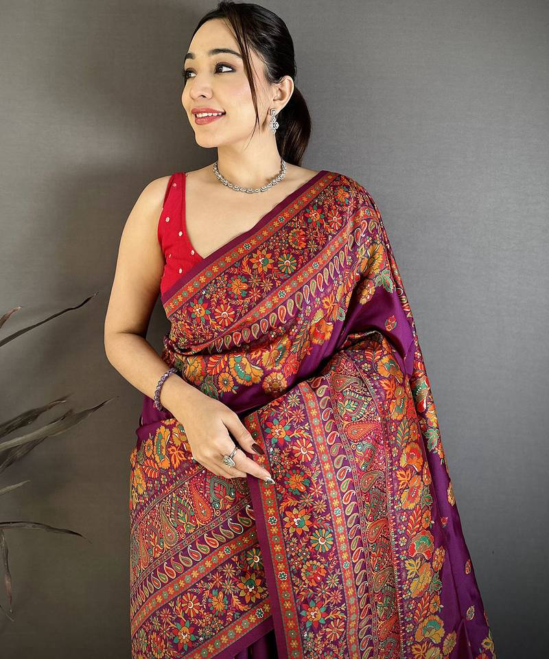 Women burgundy meenakari weaving pashmina silk saree