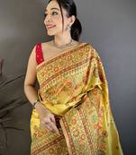 Women yellow meenakari weaving pashmina silk saree